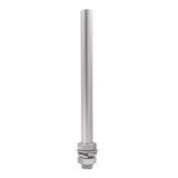 Brushed pole with hardware threaded onto it on a white background.