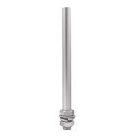 Brushed pole with hardware threaded onto it on a white background.