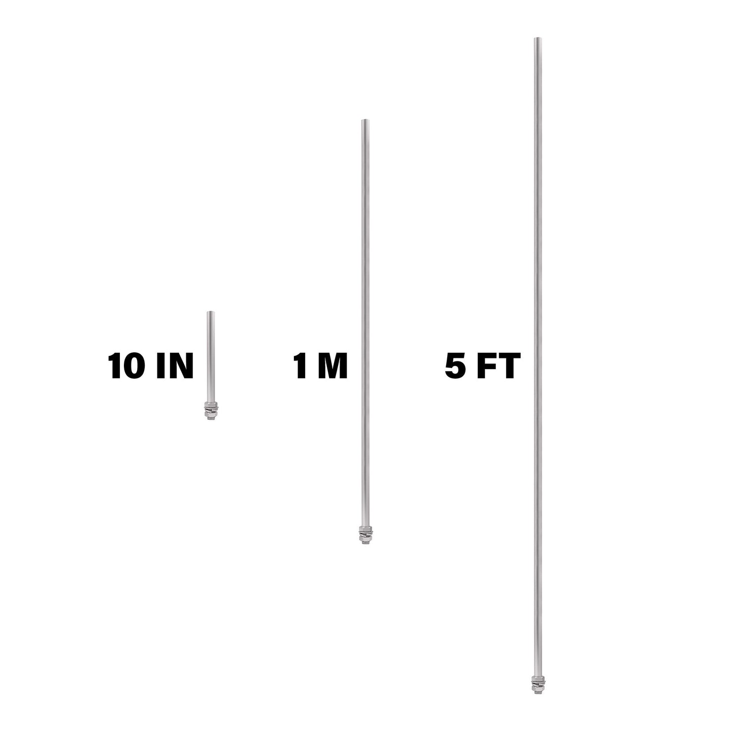 A group shot of a 10 inch, one meter and five foot pole on a white background.