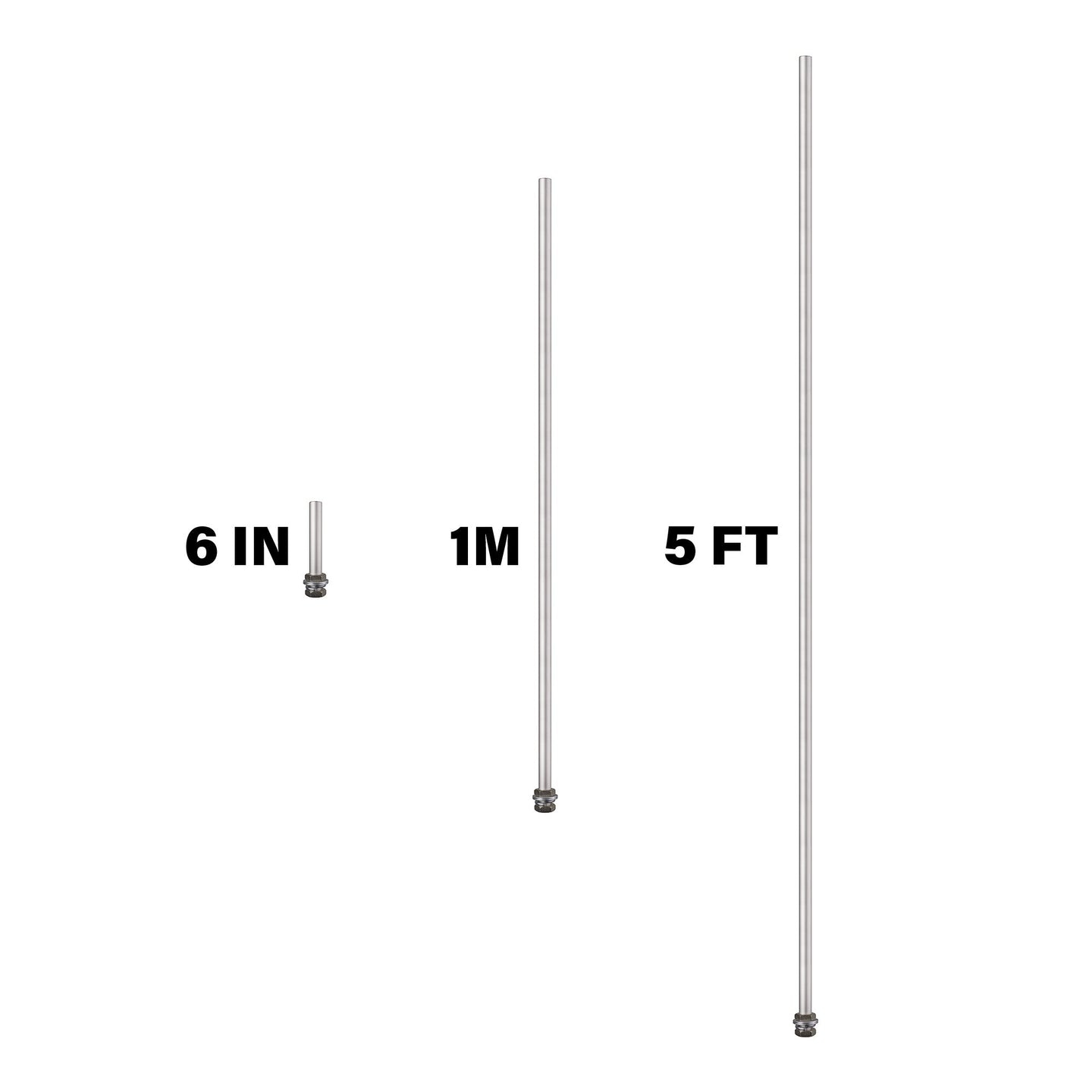 Three brushed metal poles in various lengths