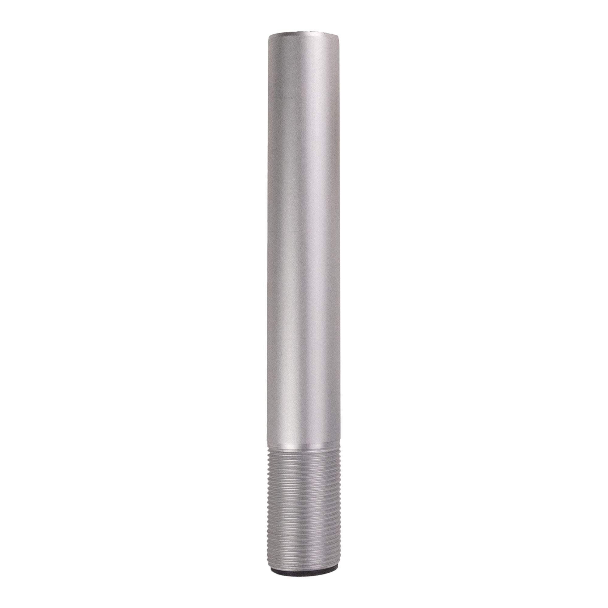 Short brushed metal pole with black rubber grommet at base on a white background.
