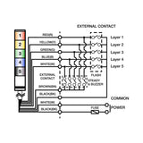 Multi-color pole-mounted industrial signal light wiring diagram on a white background.