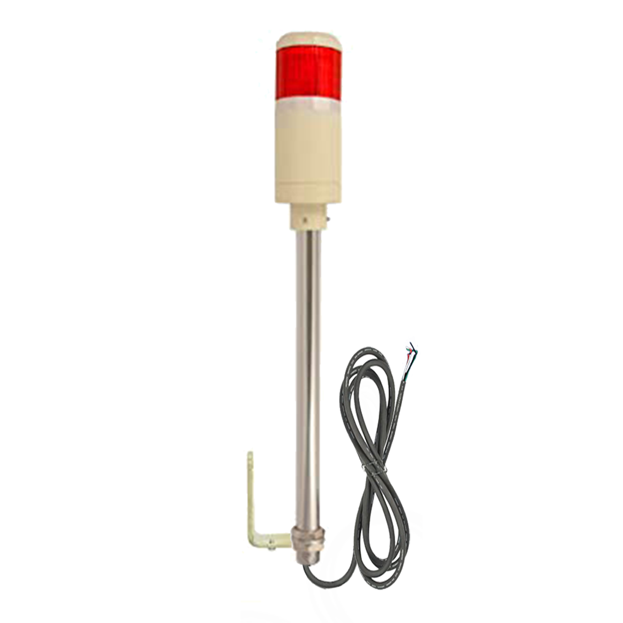 Four-Color industrial pole-mounted tower light with black cable and red prism lens on a white background.