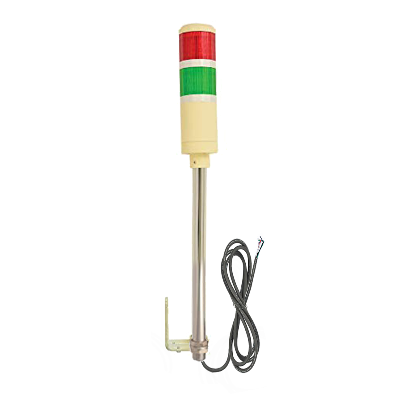 Four-Color industrial pole-mounted tower light with black cable and red and green prism lenses on a white background.