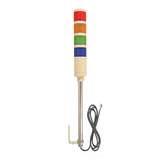 Four-Color industrial pole-mounted tower light with black cable and red, amber, green, and blue prism lenses on a white background.
