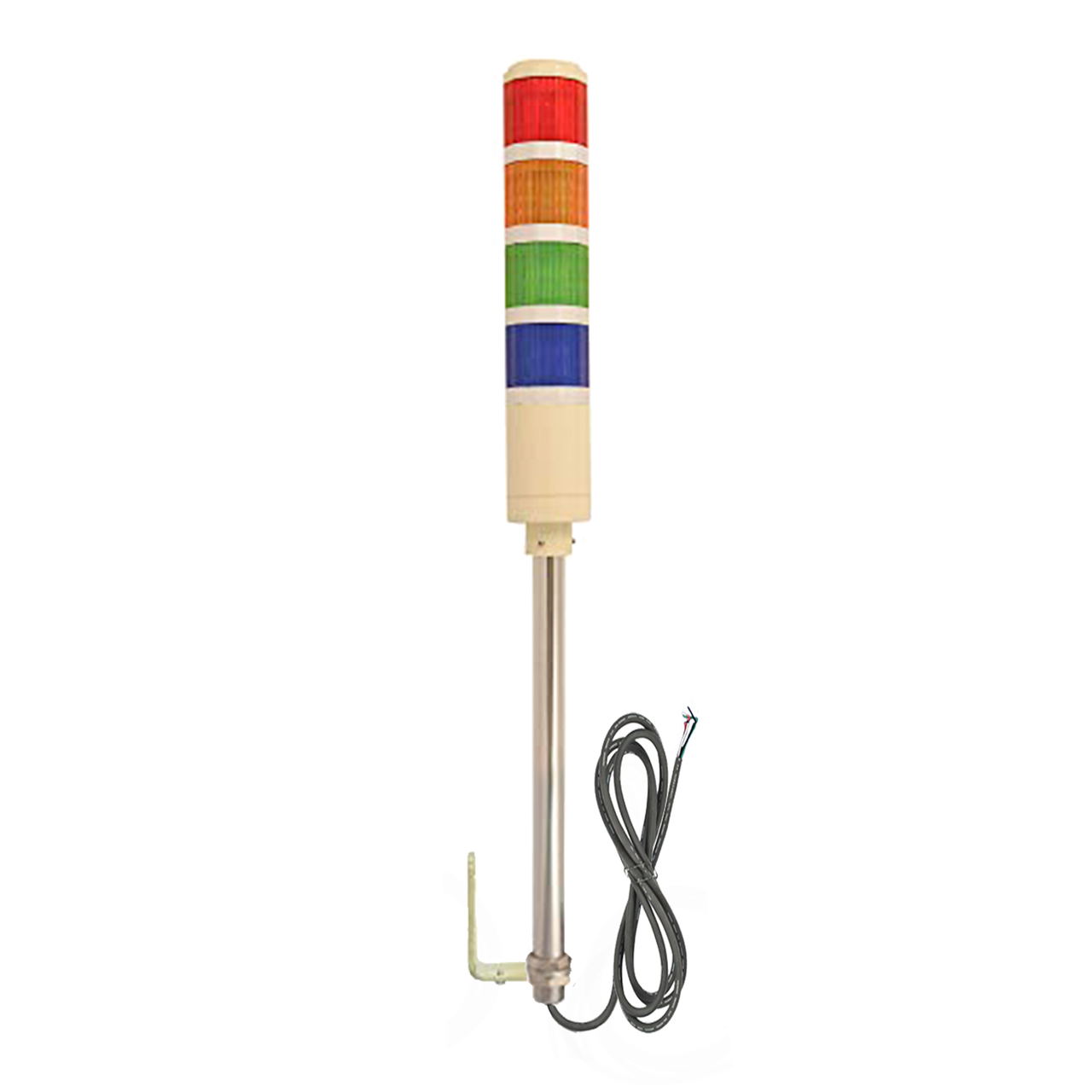 Four-Color industrial pole-mounted tower light with black cable and red, amber, green, and blue prism lenses on a white background.