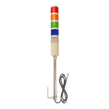 Five-color industrial pole-mounted tower light with black cable and red, amber, green, blue and white prism lenses on a white background.