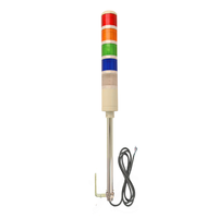 Five-color industrial pole-mounted tower light with black cable and red, amber, green, blue and white prism lenses on a white background.
