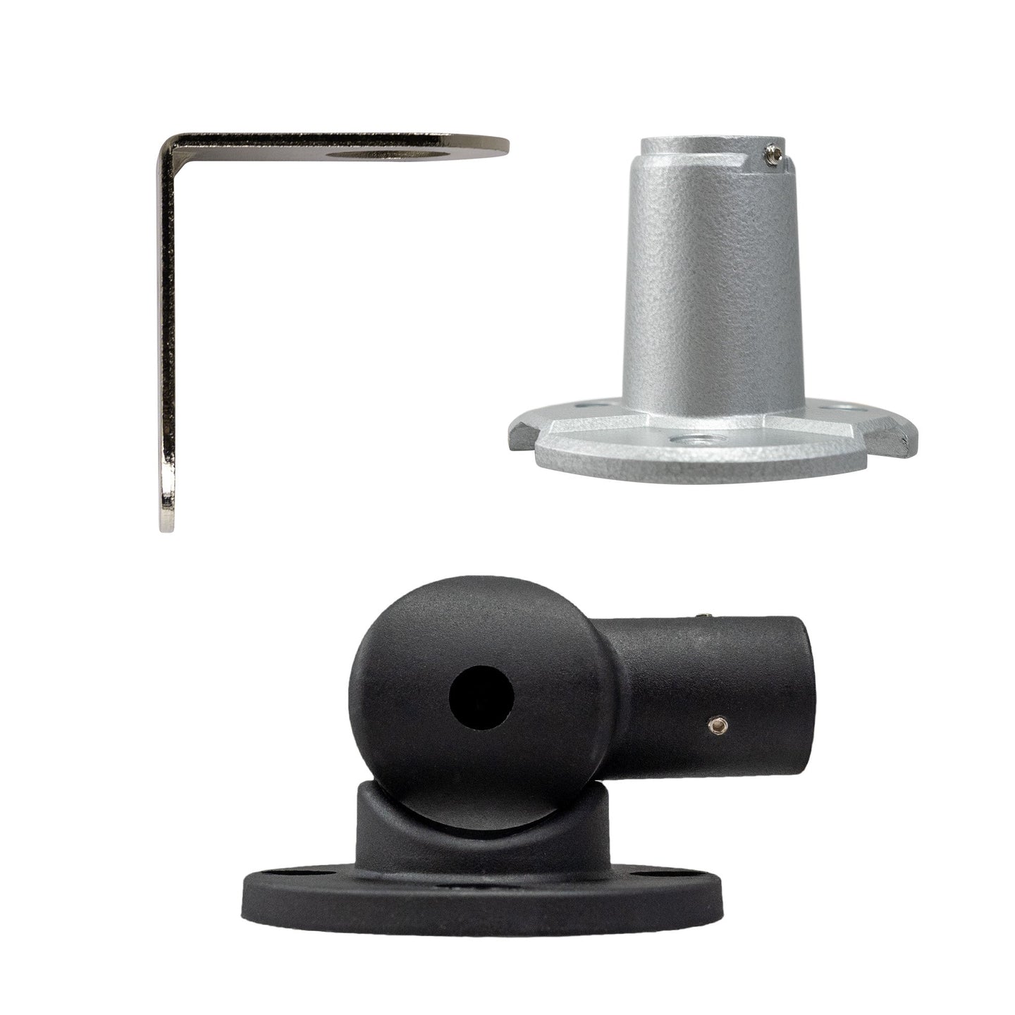 A collection of pole mounts on a white background; Right-angle bracket (Top Left), Flange mount (Top Right) and 90-Degree mount (Bottom Center).
