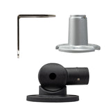 A collection of pole mounts on a white background; Right-angle bracket (Top Left), Flange mount (Top Right) and 90-Degree mount (Bottom Center).