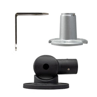 A collection of pole mounts on a white background; Right-angle bracket (Top Left), Flange mount (Top Right) and 90-Degree mount (Bottom Center).
