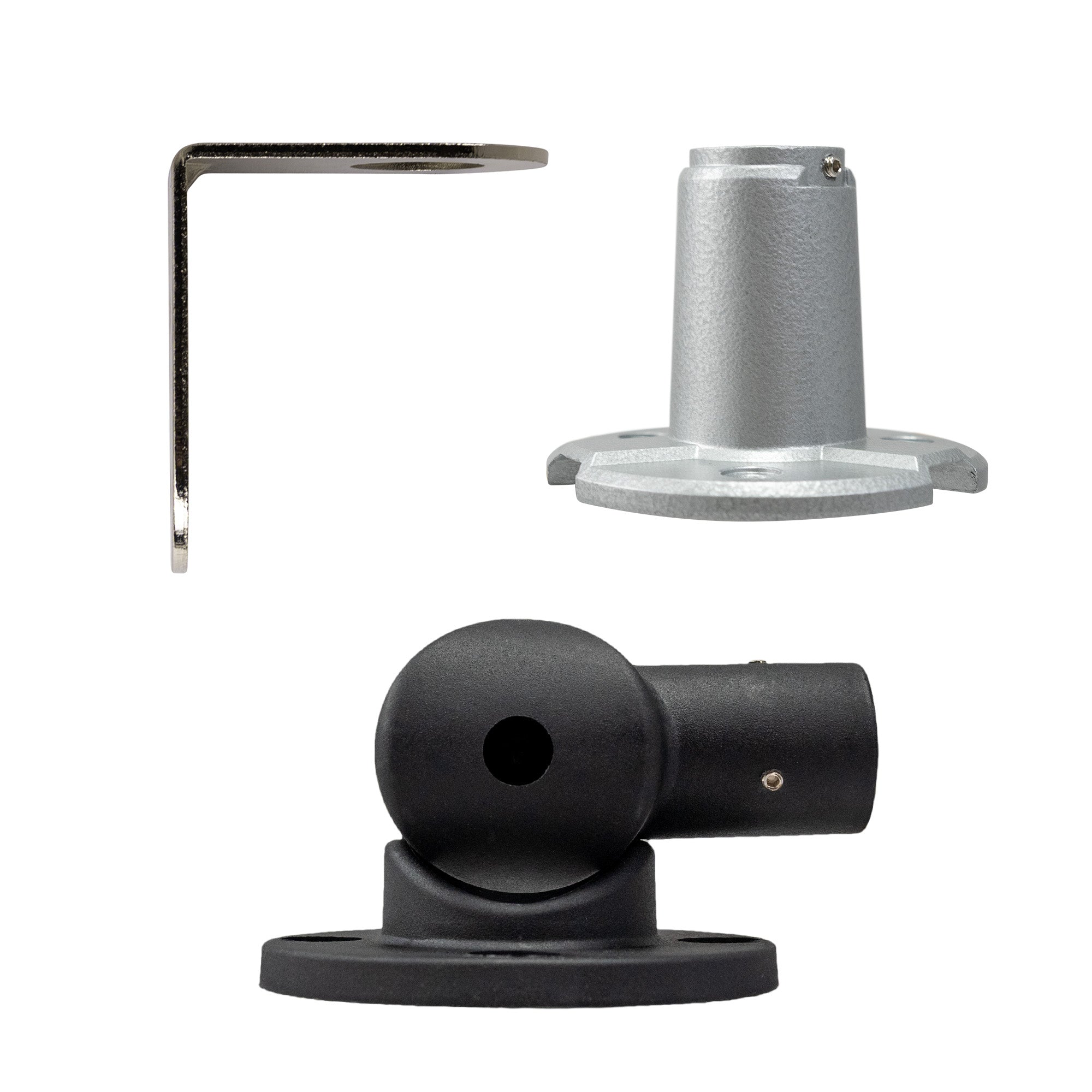 A collection of pole mounts on a white background; Right-angle bracket (Top Left), Flange mount (Top Right) and 90-Degree mount (Bottom Center).