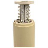 Detail close up photo of LED light with prism lens removed on a white background.