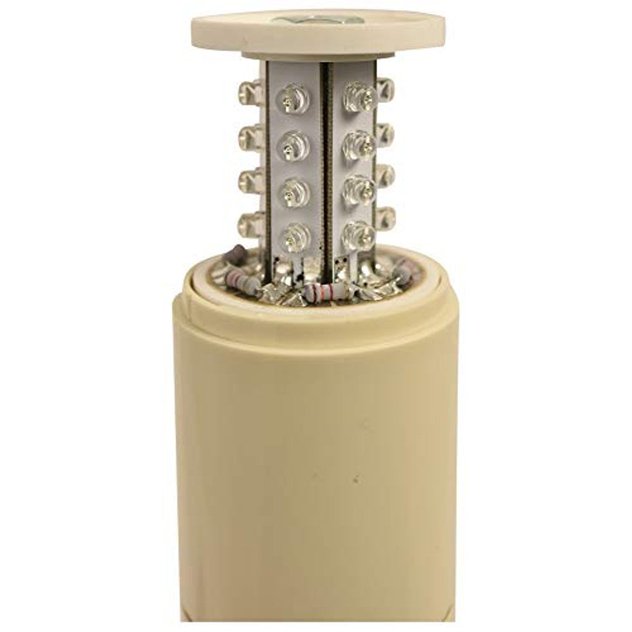 Detail close up photo of LED light with prism lens removed on a white background.