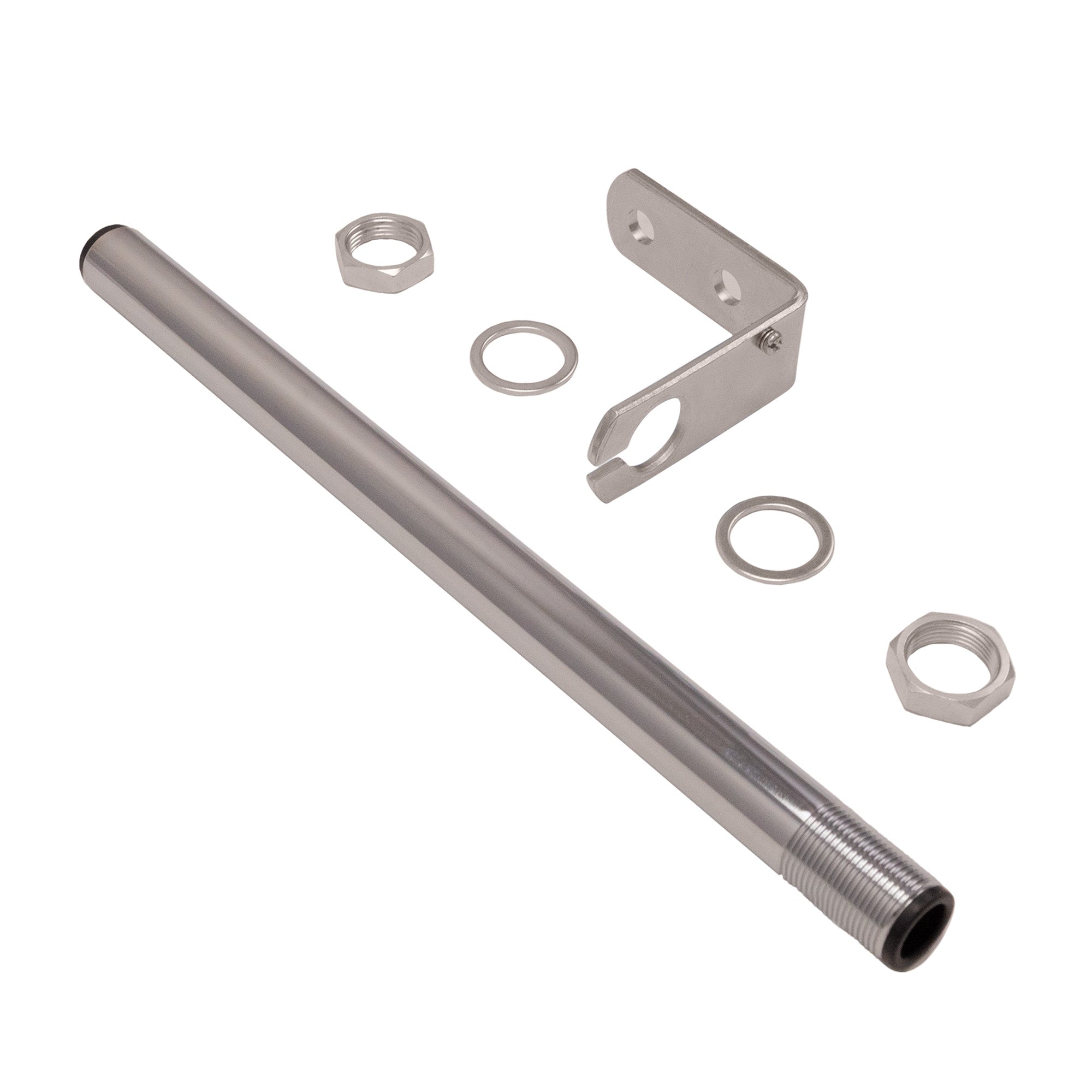 1 Foot metal pole with accompanying hardware on a white background.