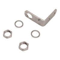 Two nuts, Two washers and a right angle bracket on a white background.