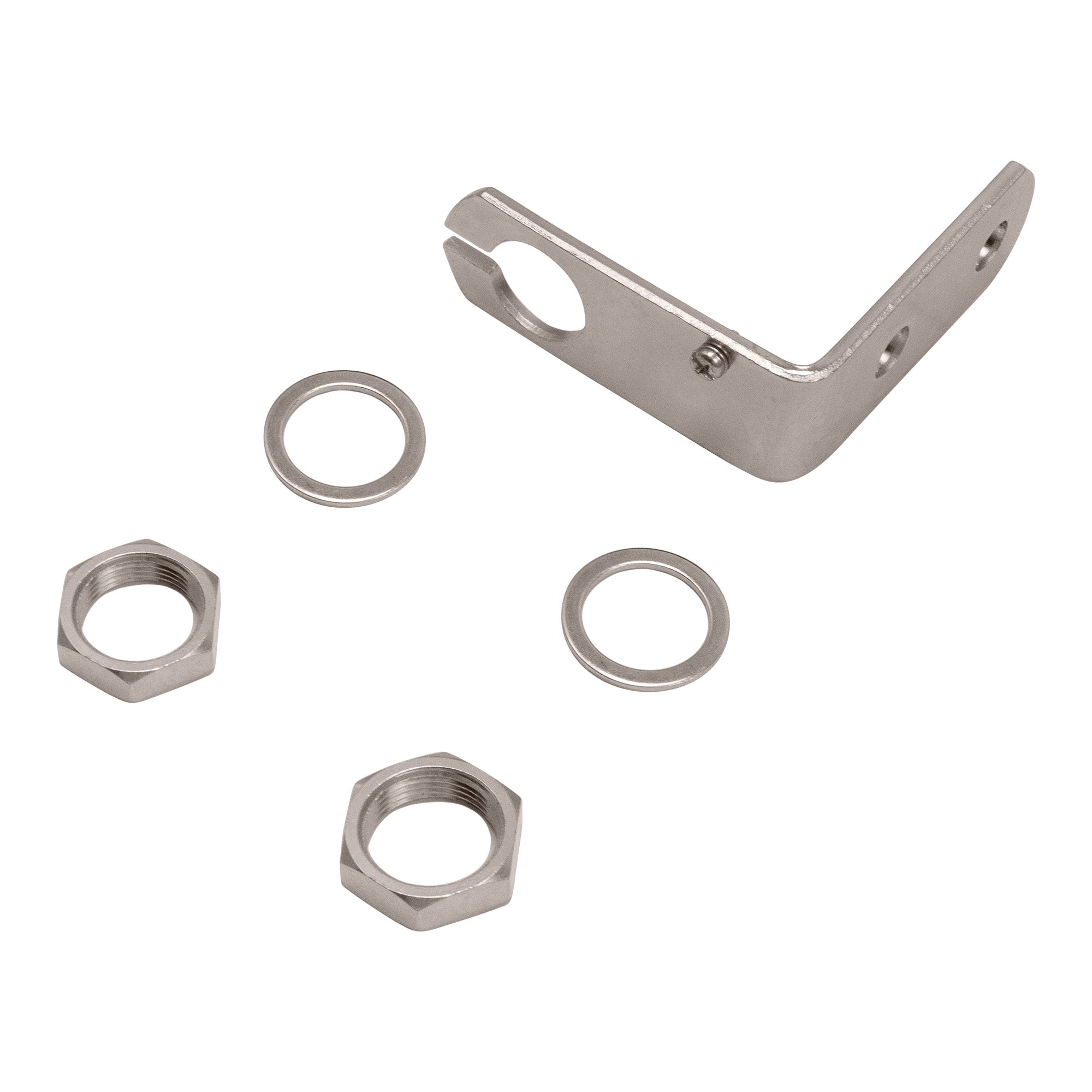 Two nuts, Two washers and a right angle bracket on a white background.
