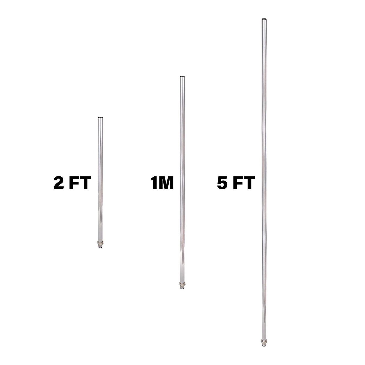 Chrome poles in various lengths 2 Ft, 1M and 5Ft on a white background.