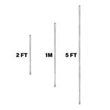 Chrome poles in various lengths 2 Ft, 1M and 5Ft on a white background.