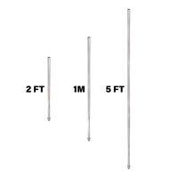 Chrome poles in various lengths 2 Ft, 1M and 5Ft on a white background.