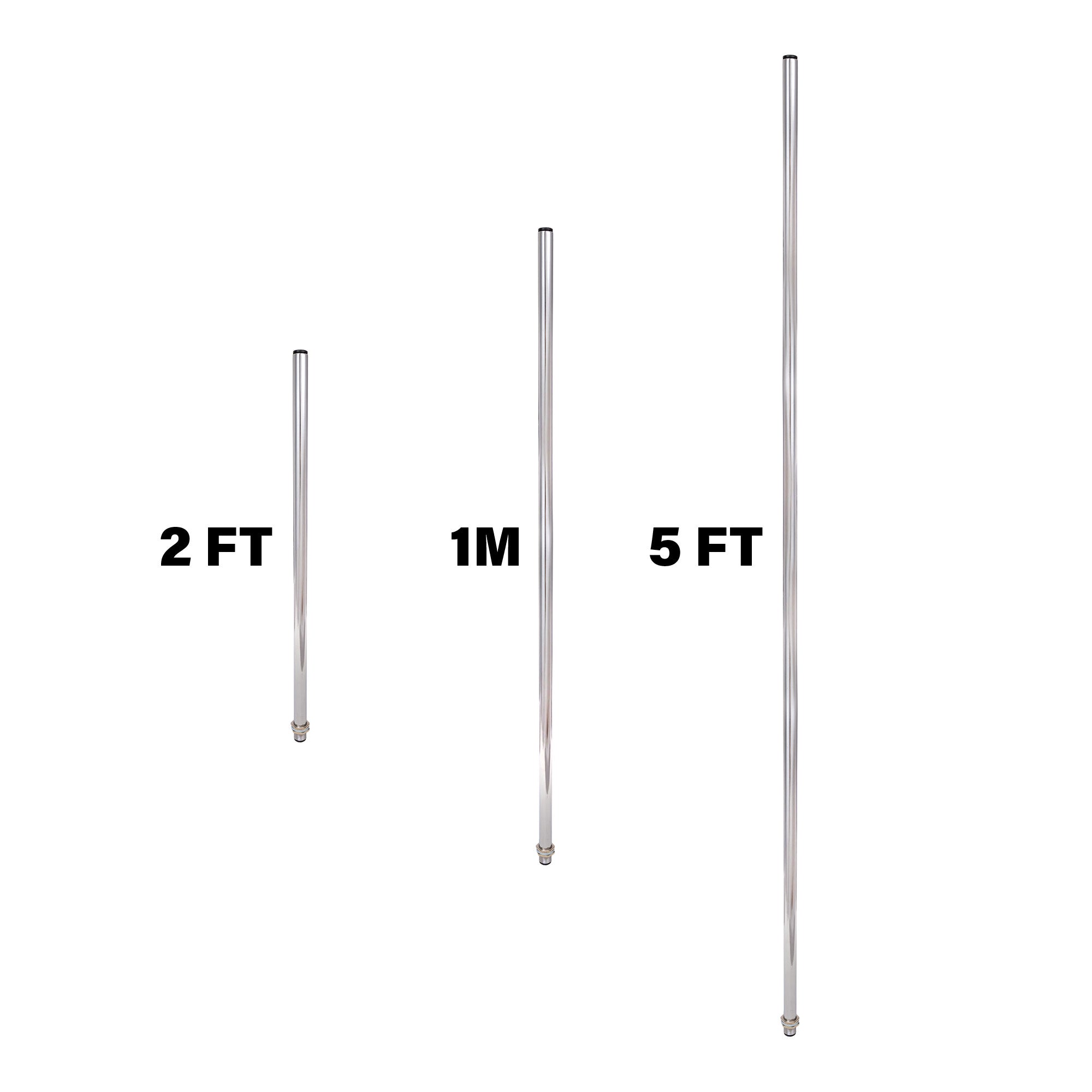 Chrome poles in various lengths 2 Ft, 1M and 5Ft on a white background.