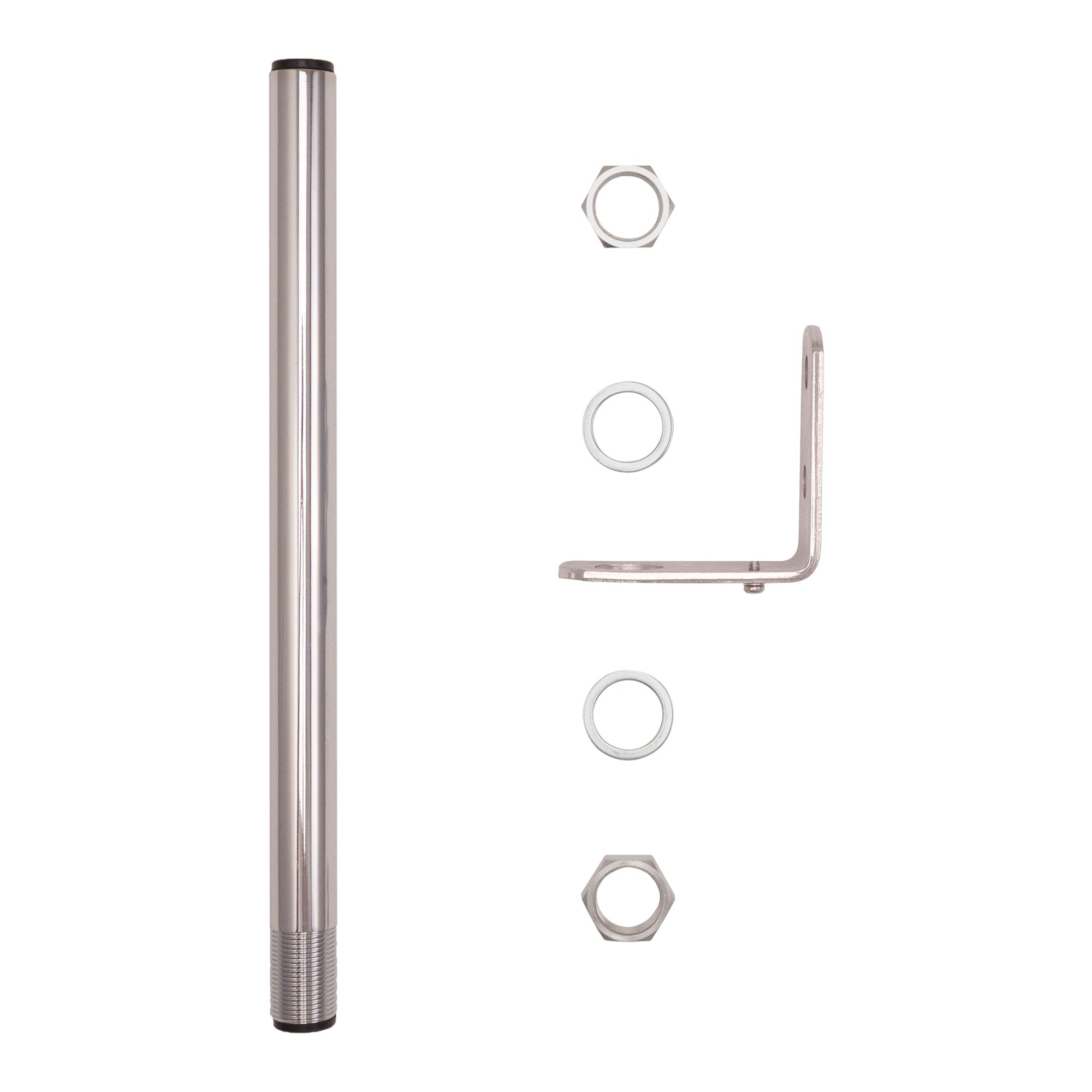 One foot pole and accompanying hardware on a white background.