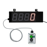 Digital display with red LED digits and a control box with green and black buttons on a white background.