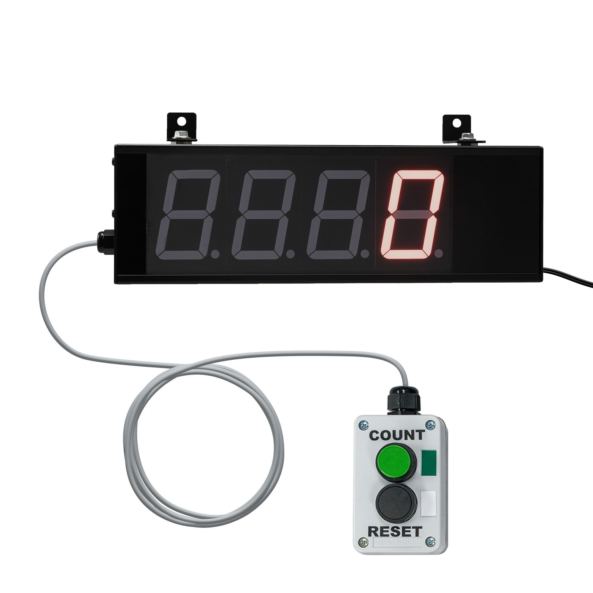 Digital display with red LED digits and a control box with green and black buttons on a white background.