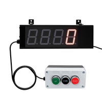 Digital display with red LED digits and control box with buttons labeled 'UP,' 'DOWN' and 'RESET' on a white background.