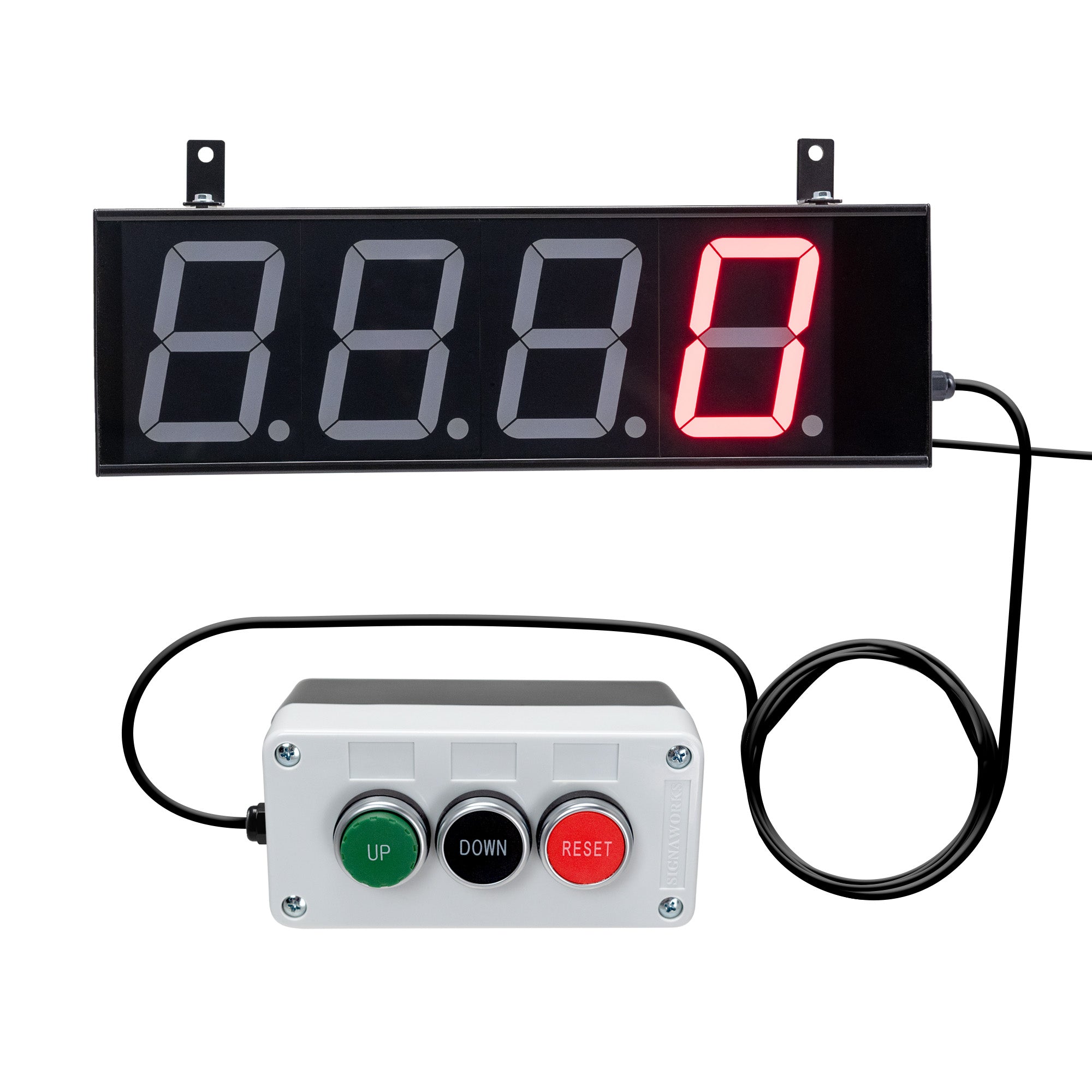 Digital display with LED numbers and control panel on a white background