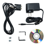 Electrical components including a power adapter, cable, and LED display board on a white background