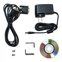 Electrical components including a power adapter, cable, and LED display board on a white background