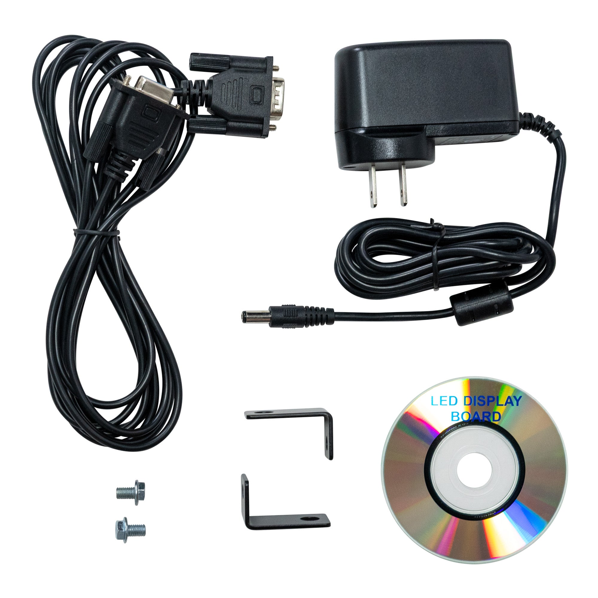 Electrical components including a power adapter, cable, and LED display board on a white background