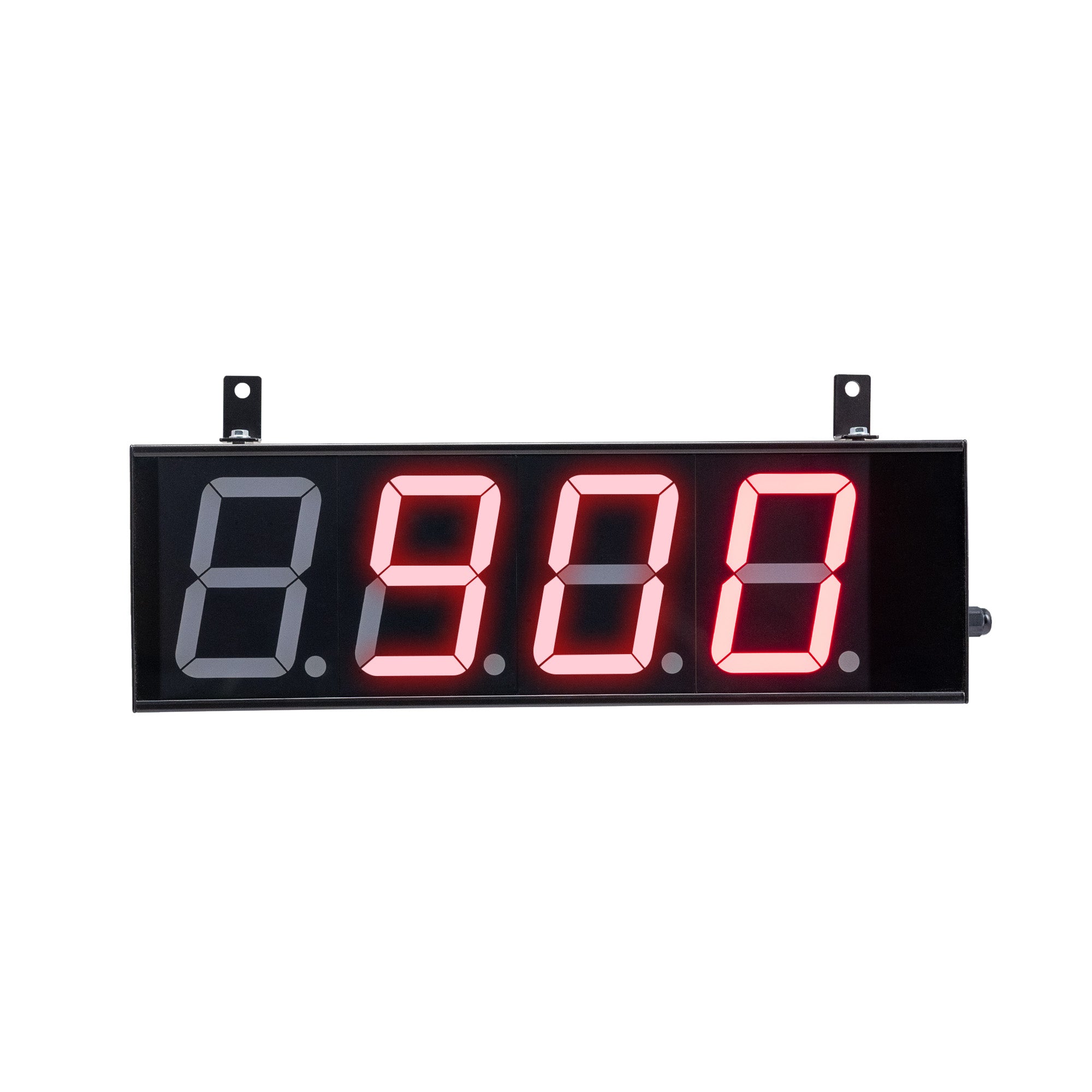 Front perspective of a black four inch display with red illuminated numbers on a white background.