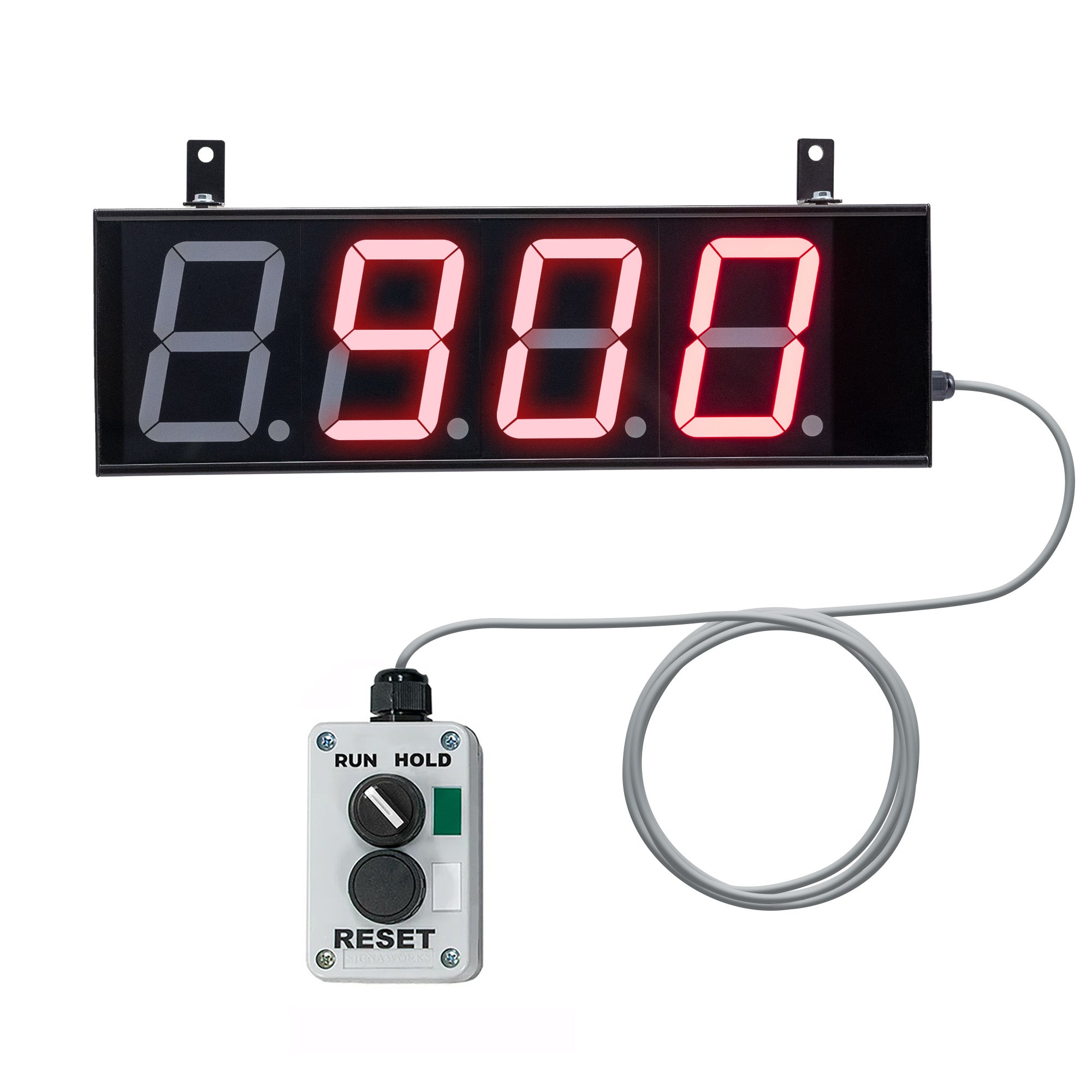 Front perspective of a black four inch display with red illuminated numbers on and a grey run/hold reset switch box on a white background.