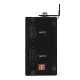 Right side profile of a black 2 inch digital display with two VGA inputs and set of 3 switches.