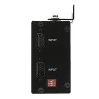 Right side profile of a black 2 inch digital display with two VGA inputs and set of 3 switches.