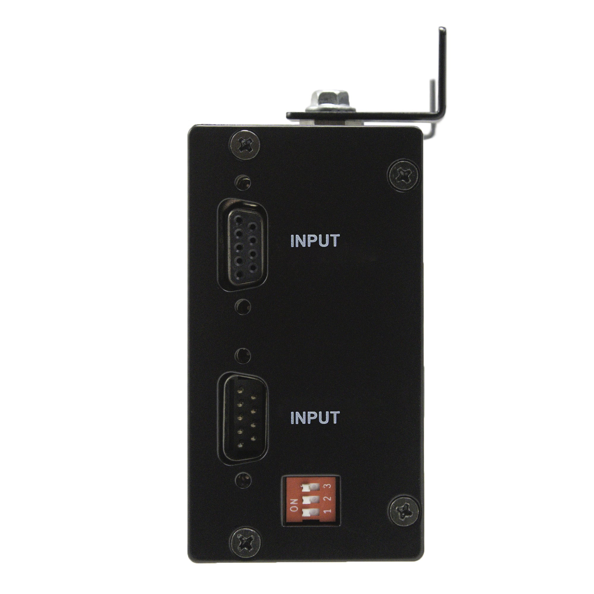 Right side profile of a black 2 inch digital display with two VGA inputs and set of 3 switches.