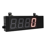 Angled view of a black two inch digital display with red illuminated letters.