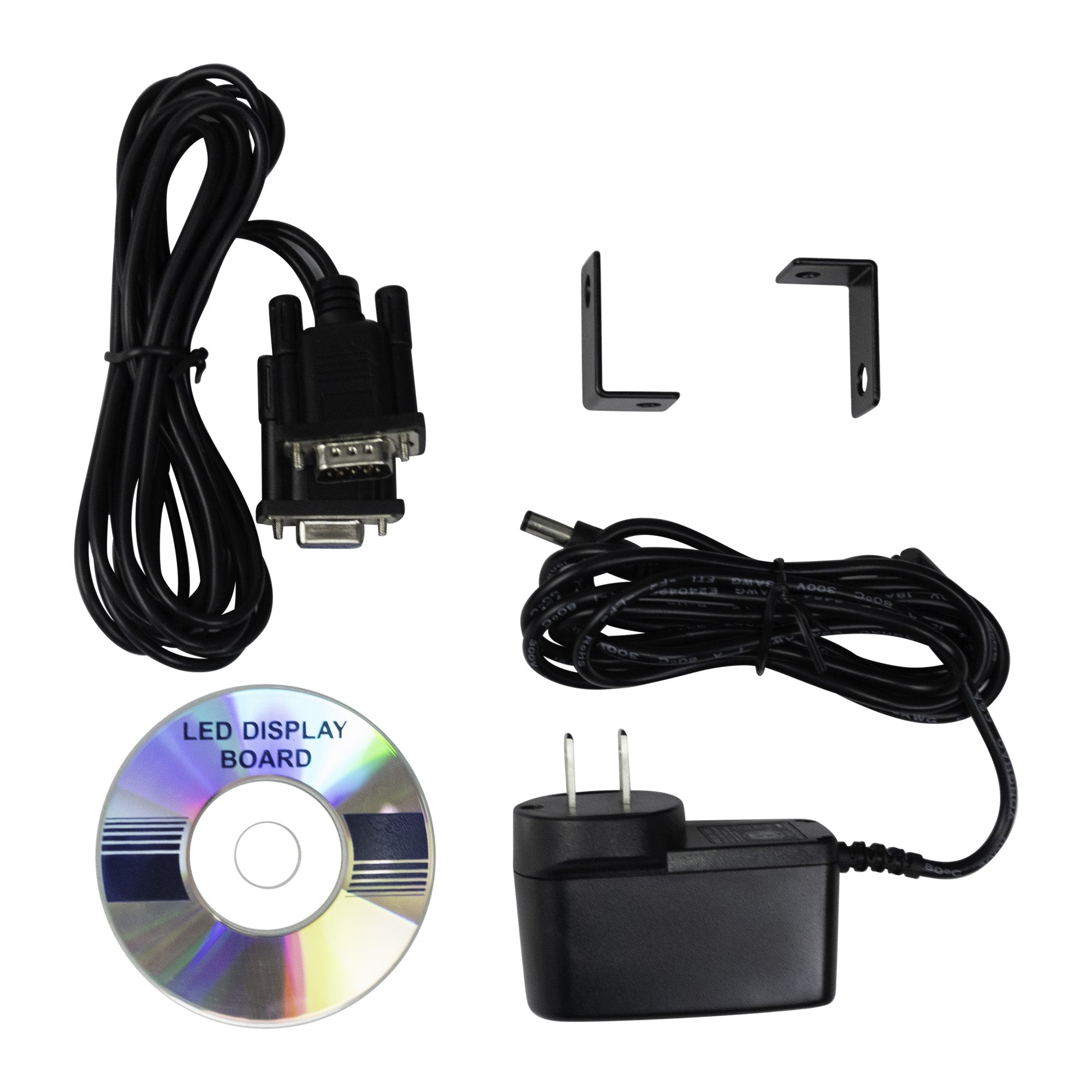 Set of electronic components including a cable, display board, and power adapter on a white background.