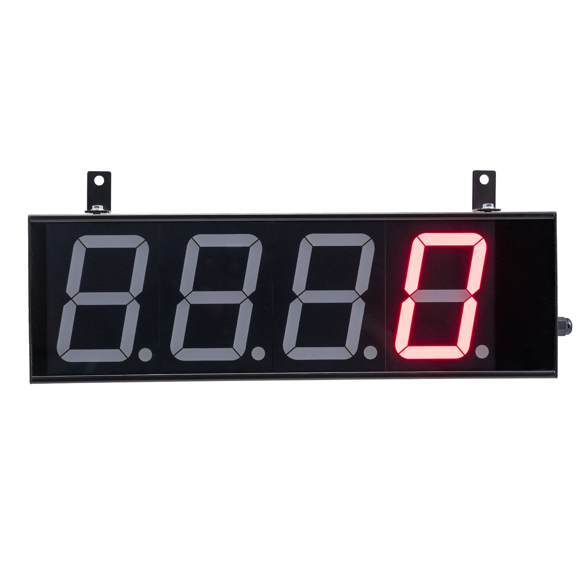 Front profile of a black four inch digital display with red illuminated digits on a white background.