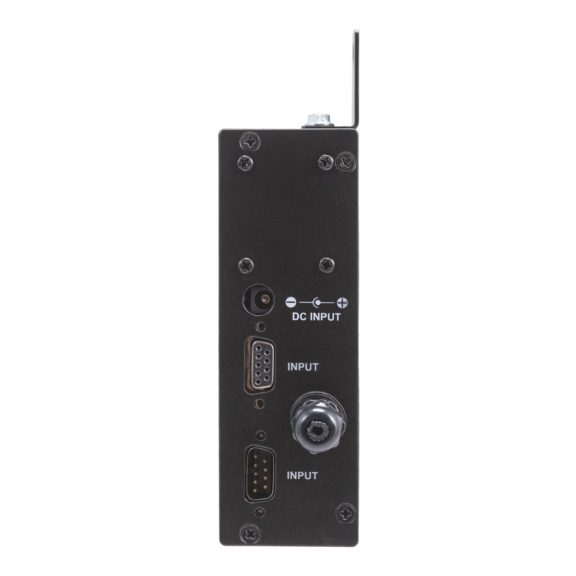 Side profile of a black four inch digital display with 2 VGA inputs and a DC power input.