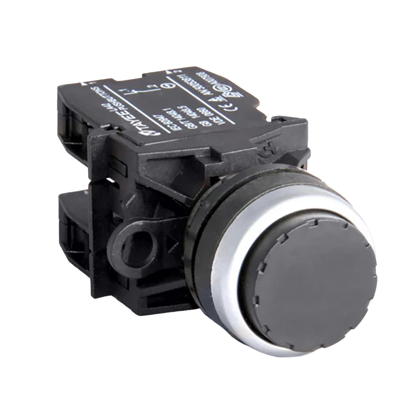 Black extended button switch with black casing on a white background.
