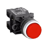 Red extended button switch with black casing on a white background.