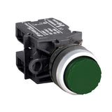 Green extended button switch with black casing on a white background.