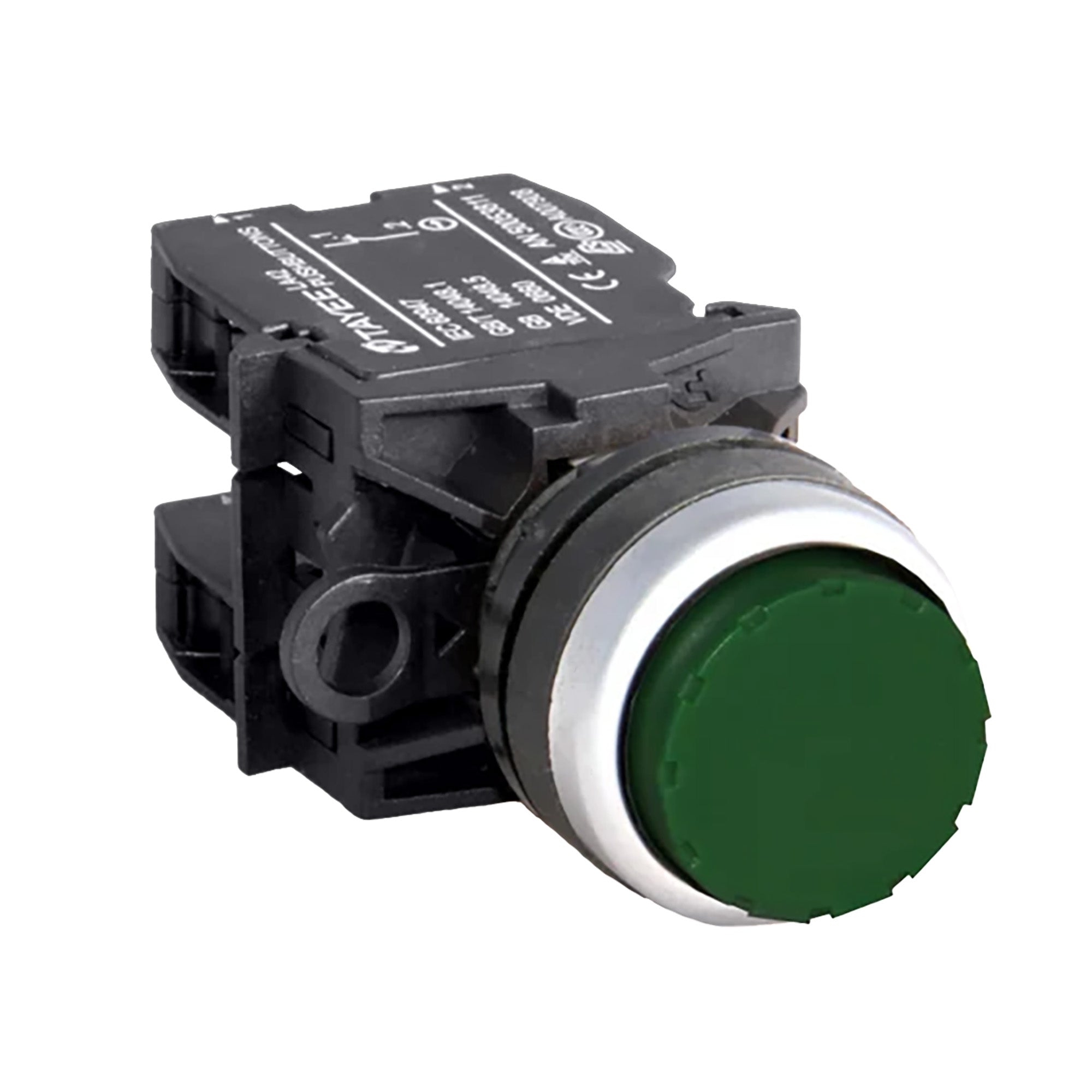 Green extended button switch with black casing on a white background.