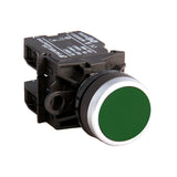 Green button switch with black casing on a white background.