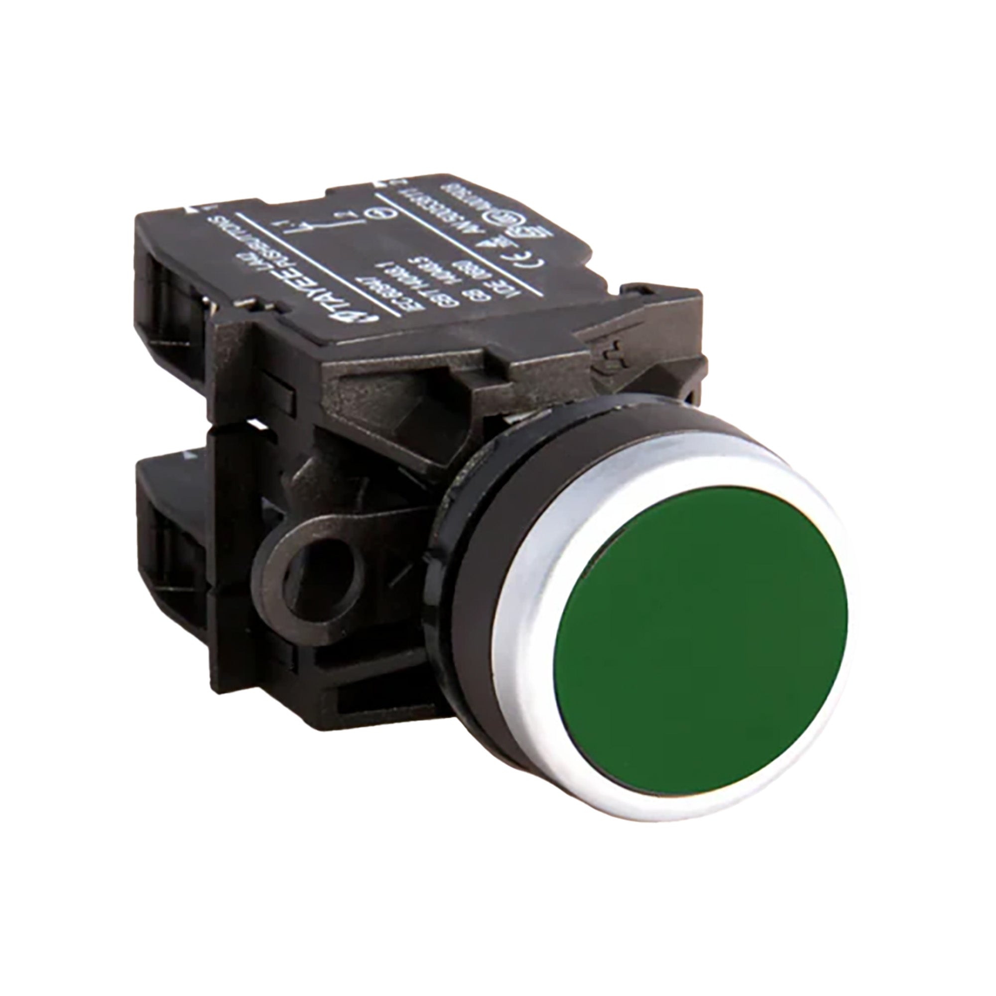 Green button switch with black casing on a white background.