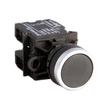 Black button switch with black casing on a white background.