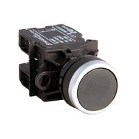 Black button switch with black casing on a white background.